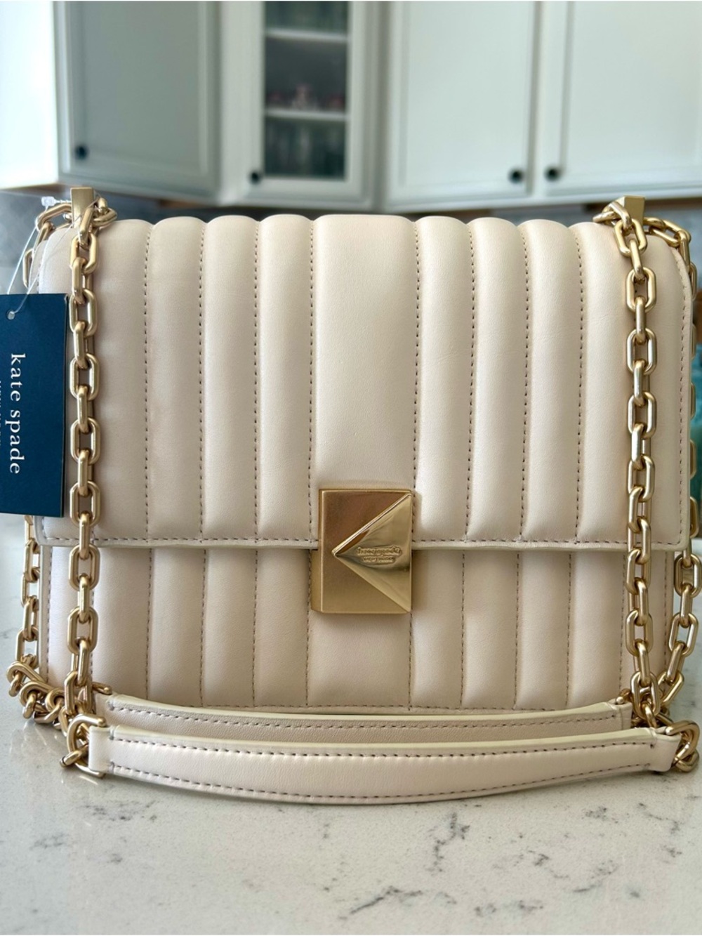 Kate Spade Deco Cashew Milk Quilted Leather Chain Shoulder Bag